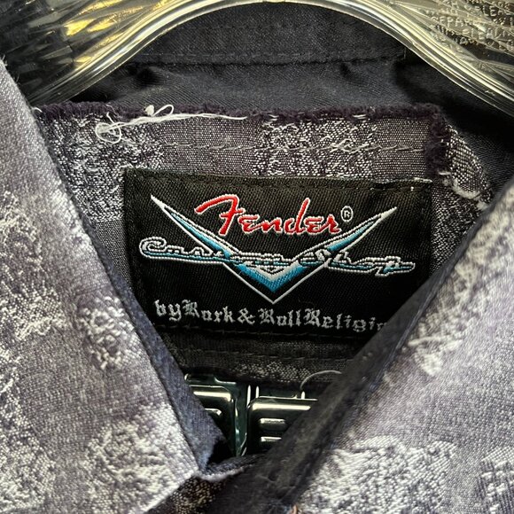 FENDER Custom Shop Rock And Roll Religion Mens Small Cotton Shirt Blue Geometric - Picture 8 of 10
